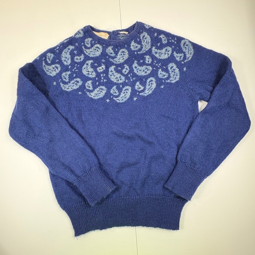 Vintage Paisley Yoke Sweater‎ Blue Fuzzy Cottagecore Grandpa Knit S